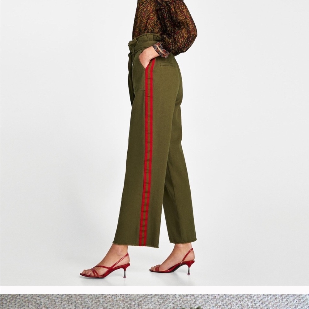 ZARA BASIC GREEN PANTS RED STRIPED SMALL - Picture 2 of 8
